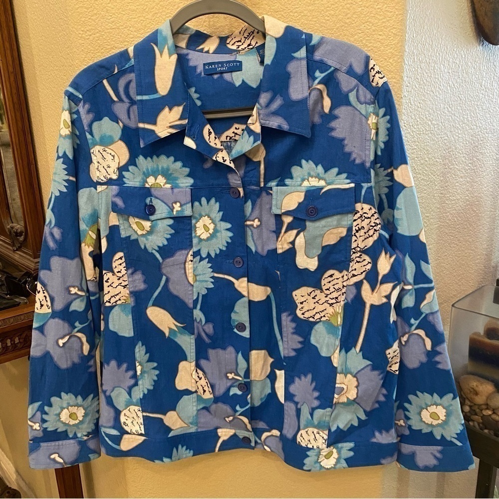 KAREN SCOTT Sport Blue Floral Linen Blend Light Jacket Size XL